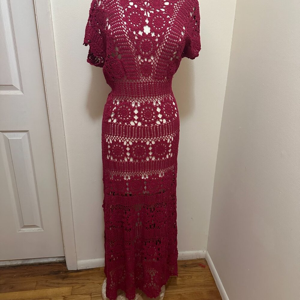 Free People Burgundy Maxi Crochet Short Sleeve Round Neck Dress - Sml